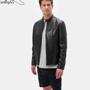 Men's Black Leather Bomber Jacket with Stand Collar